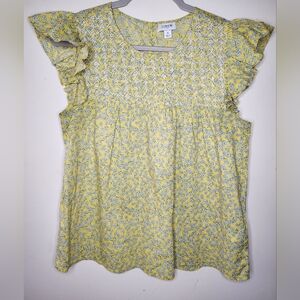 J. Crew Yellow Embroidered Floral Ruffle Peasant Boho Cottagecore Top Small